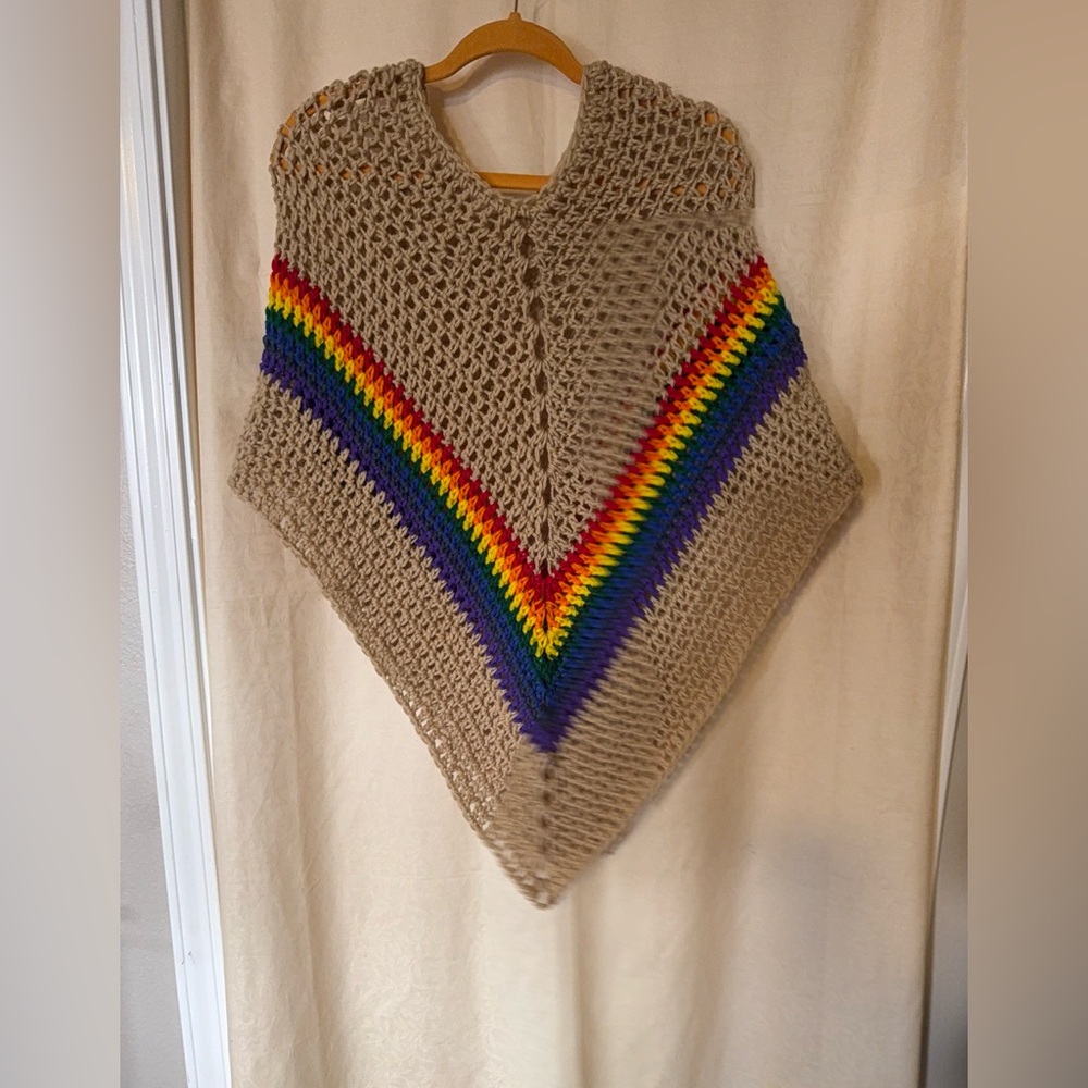 Crochet Poncho, Women’s sz Medium Tan & Rainbow Colors, Handmade Crochet Poncho - Picture 2 of 6
